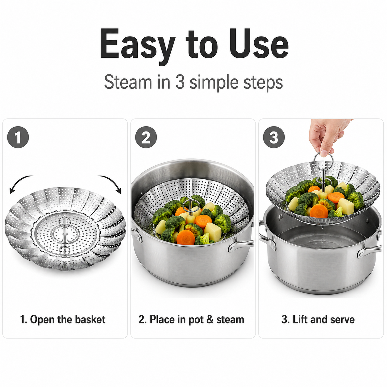 Stainless Steel Foldable Steamer Basket for Vegetables, Dumplings & Cooking