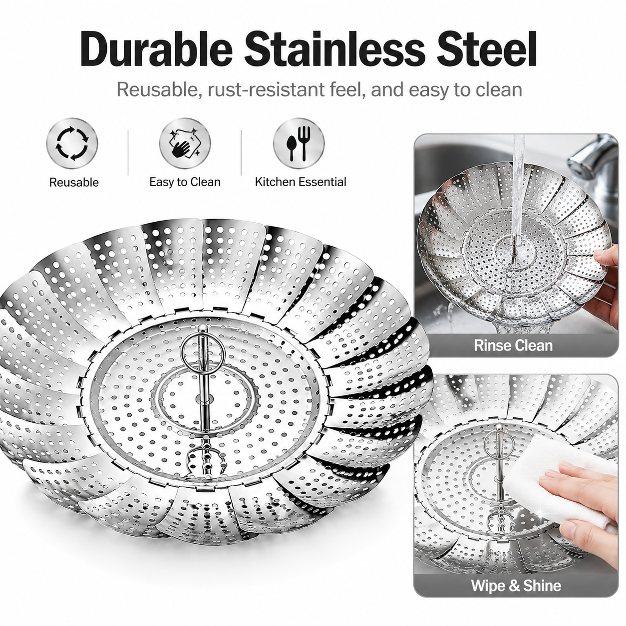 Stainless Steel Foldable Steamer Basket for Vegetables, Dumplings & Cooking