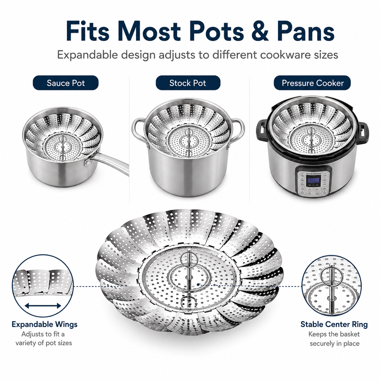 Stainless Steel Foldable Steamer Basket for Vegetables, Dumplings & Cooking