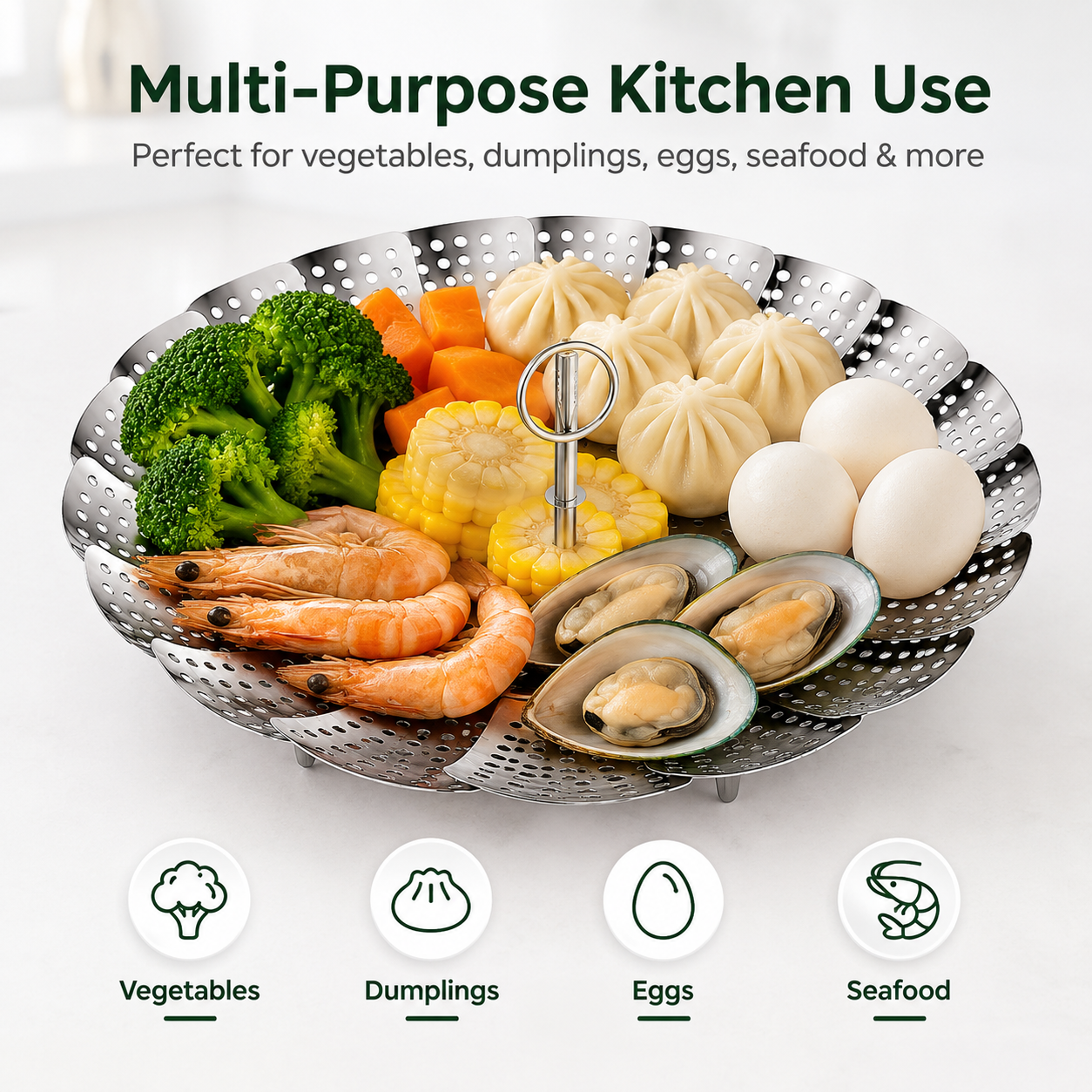 Stainless Steel Foldable Steamer Basket for Vegetables, Dumplings & Cooking