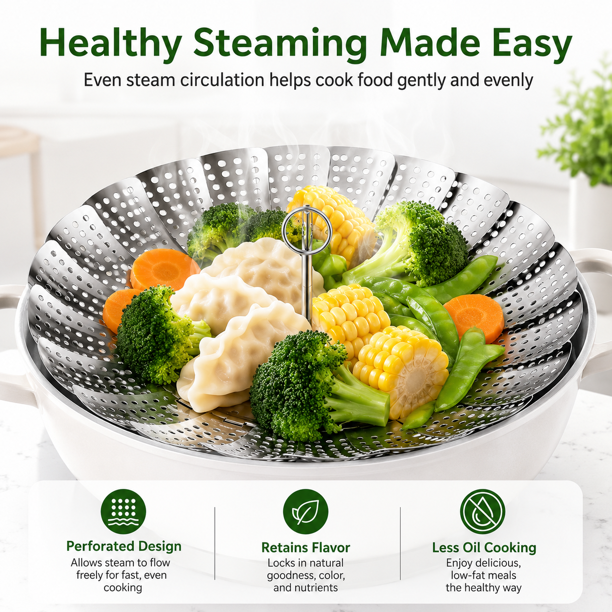 Stainless Steel Foldable Steamer Basket for Vegetables, Dumplings & Cooking