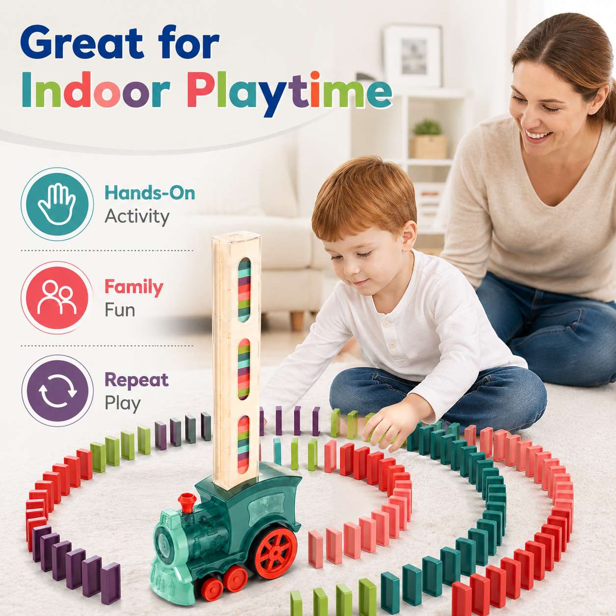 Automatic Domino Train Toy – Colorful Domino Laying Train Set for Kids, Creative Play & Indoor Fun
