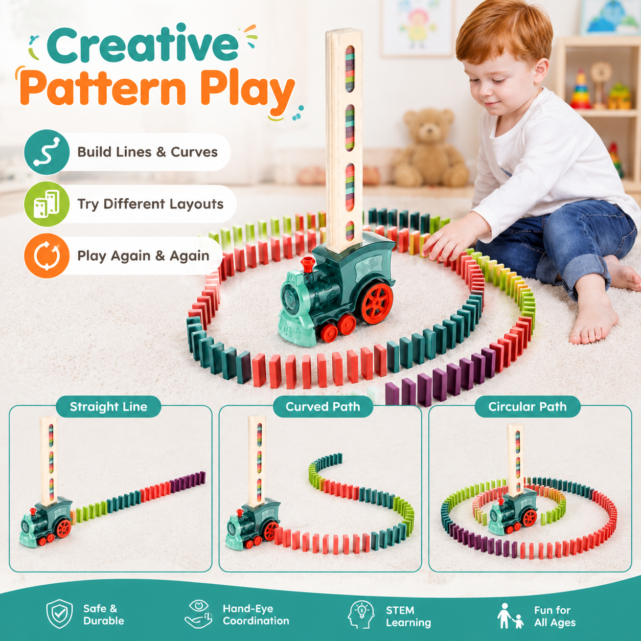 Automatic Domino Train Toy – Colorful Domino Laying Train Set for Kids, Creative Play & Indoor Fun