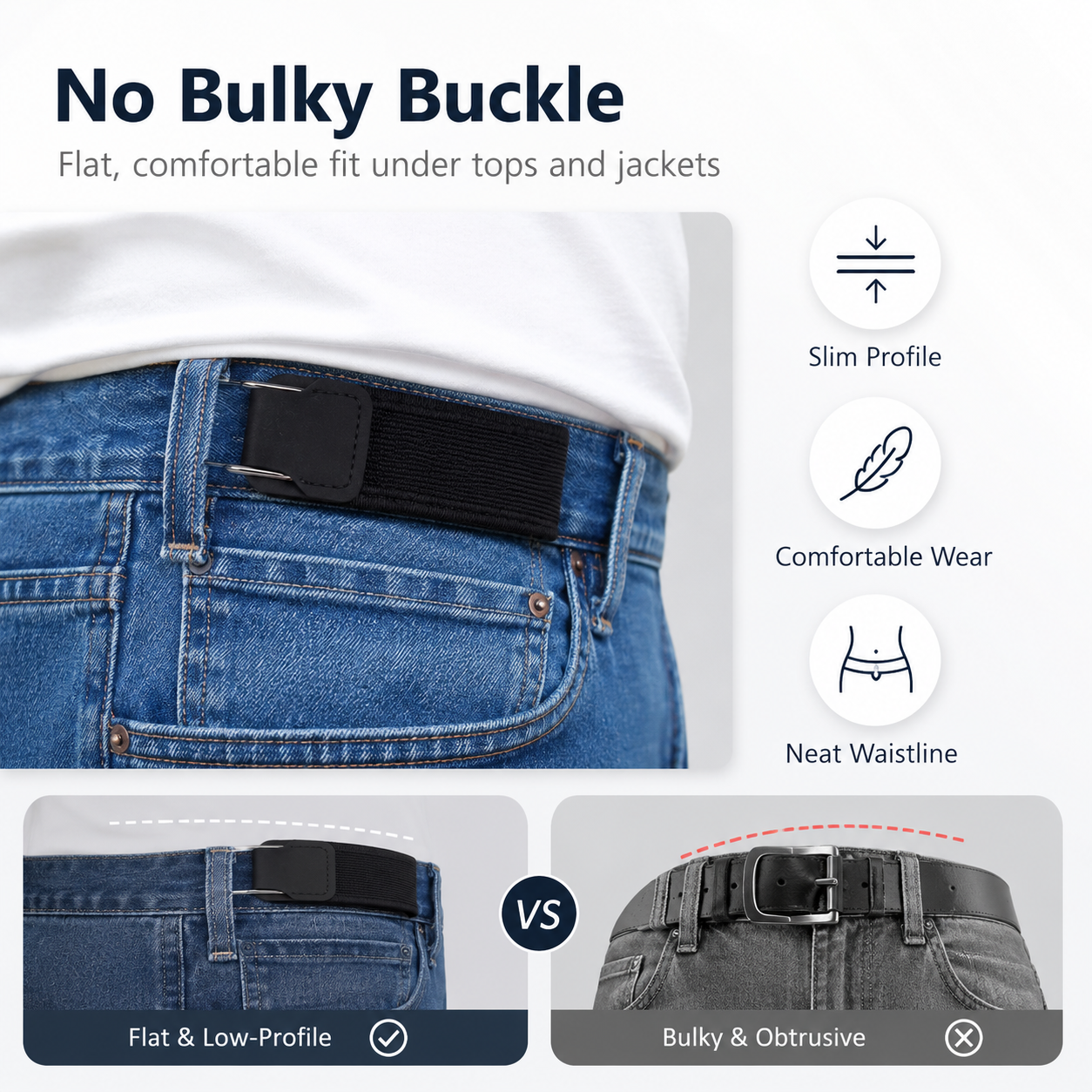 Velcro Waist Belt with Metal Hook | Elastic Adjustable No Buckle Lazy Belt for Men & Women (2 pcs)