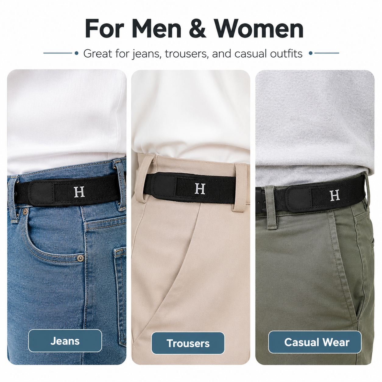 Velcro Waist Belt with Metal Hook | Elastic Adjustable No Buckle Lazy Belt for Men & Women (2 pcs)