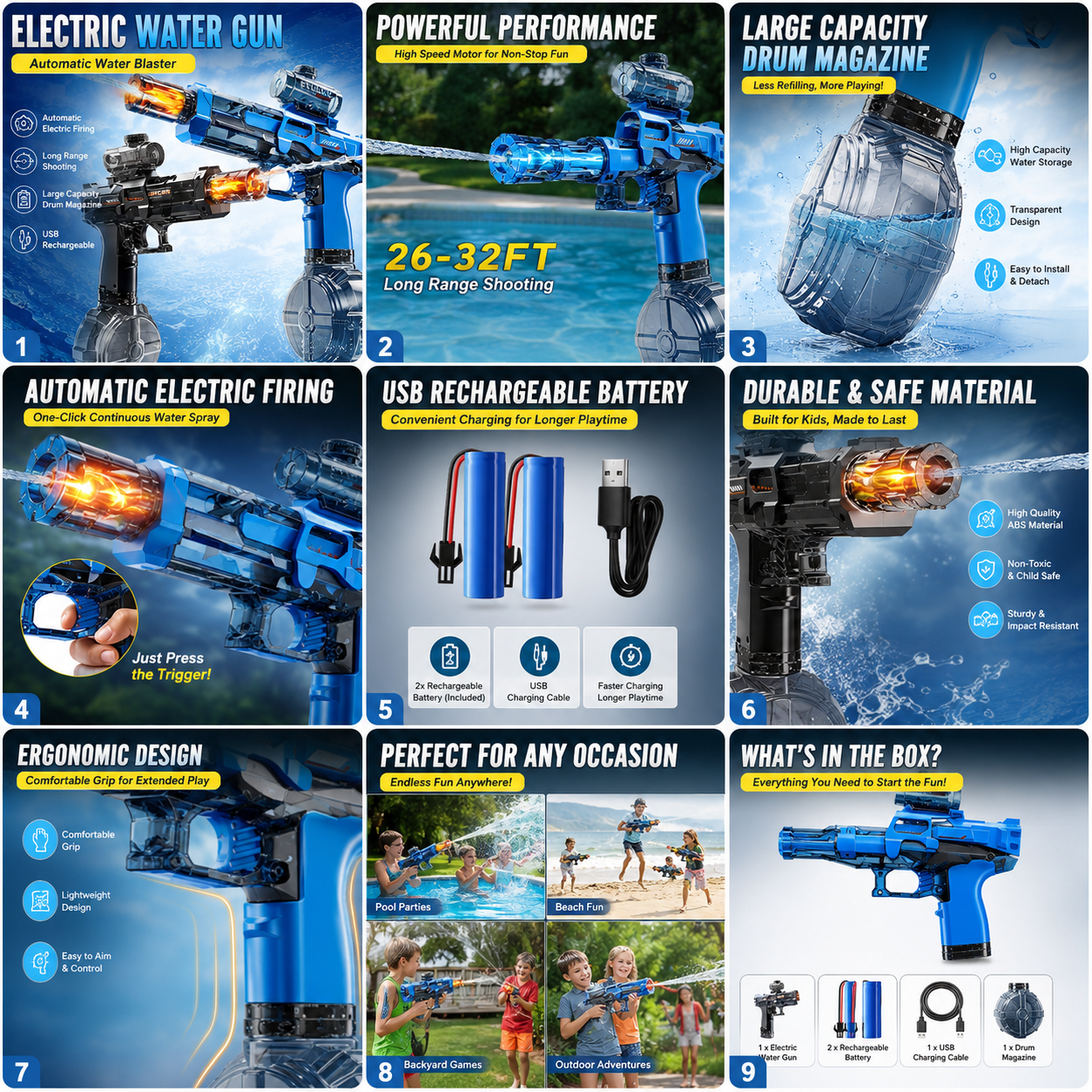 Electric Water Gun for Kids – Automatic Rechargeable Water Blaster with High-Capacity Drum Magazine