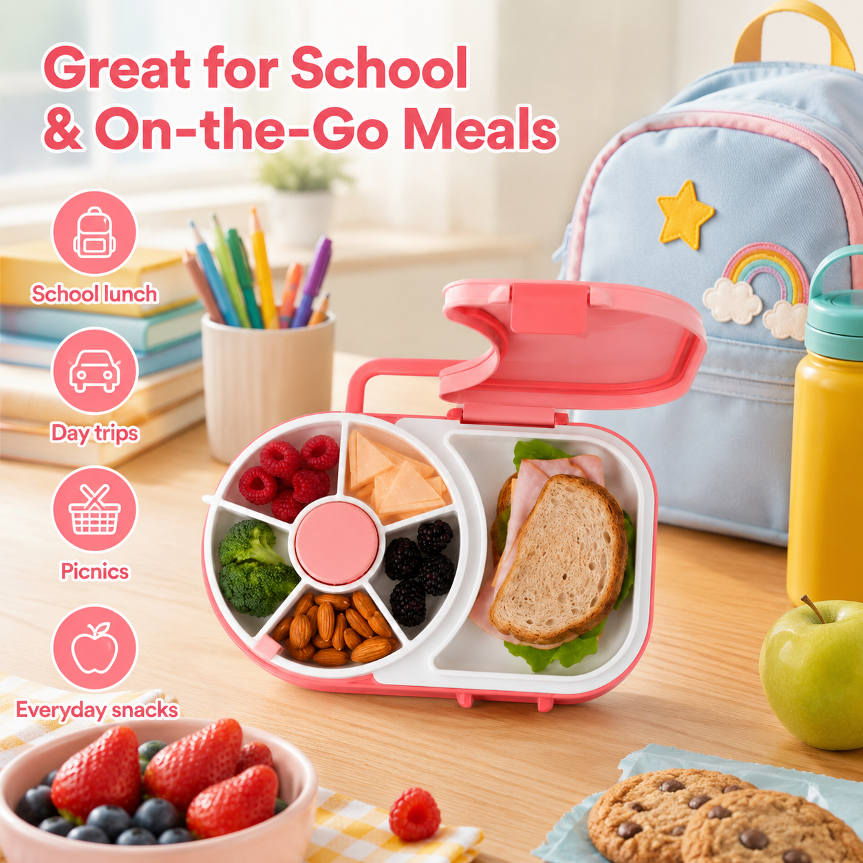 Rotating Kids Lunch Box – Multi-Compartment Snack Tray for School, Travel & Daily Meals