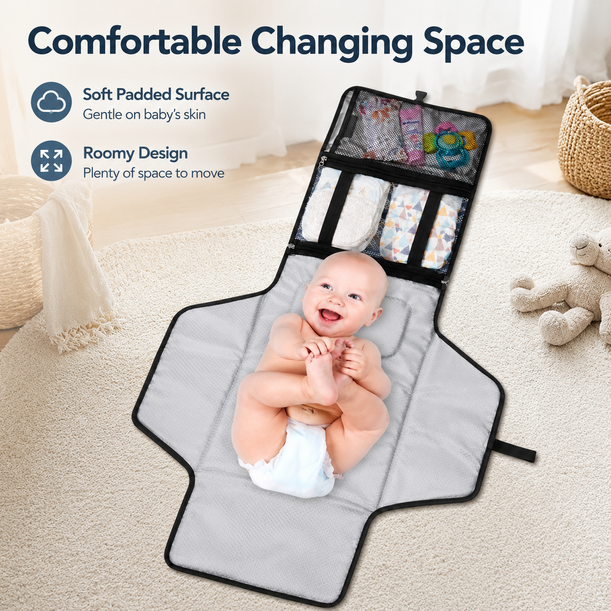 Portable Baby Changing Diaper Pad – Waterproof Travel Changing Station with Storage Pockets