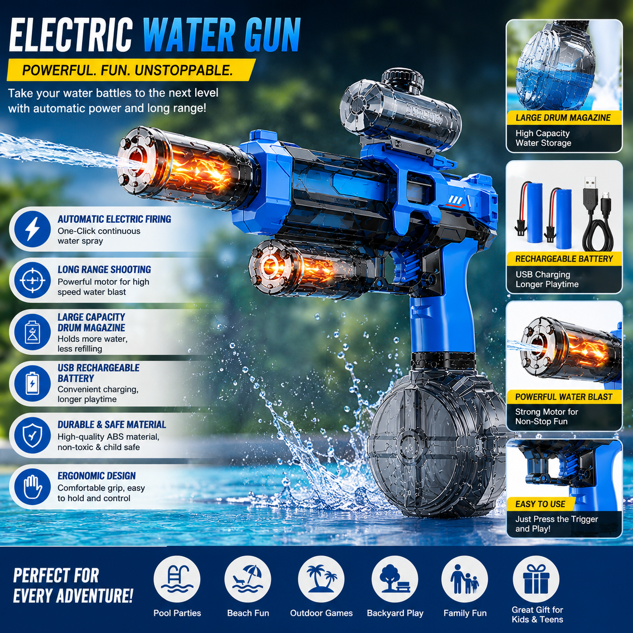 Electric Water Gun for Kids – Automatic Rechargeable Water Blaster with High-Capacity Drum Magazine