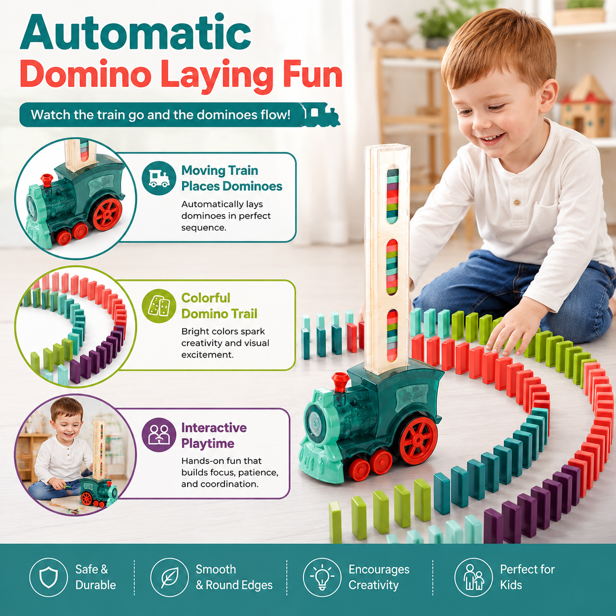 Automatic Domino Train Toy – Colorful Domino Laying Train Set for Kids, Creative Play & Indoor Fun