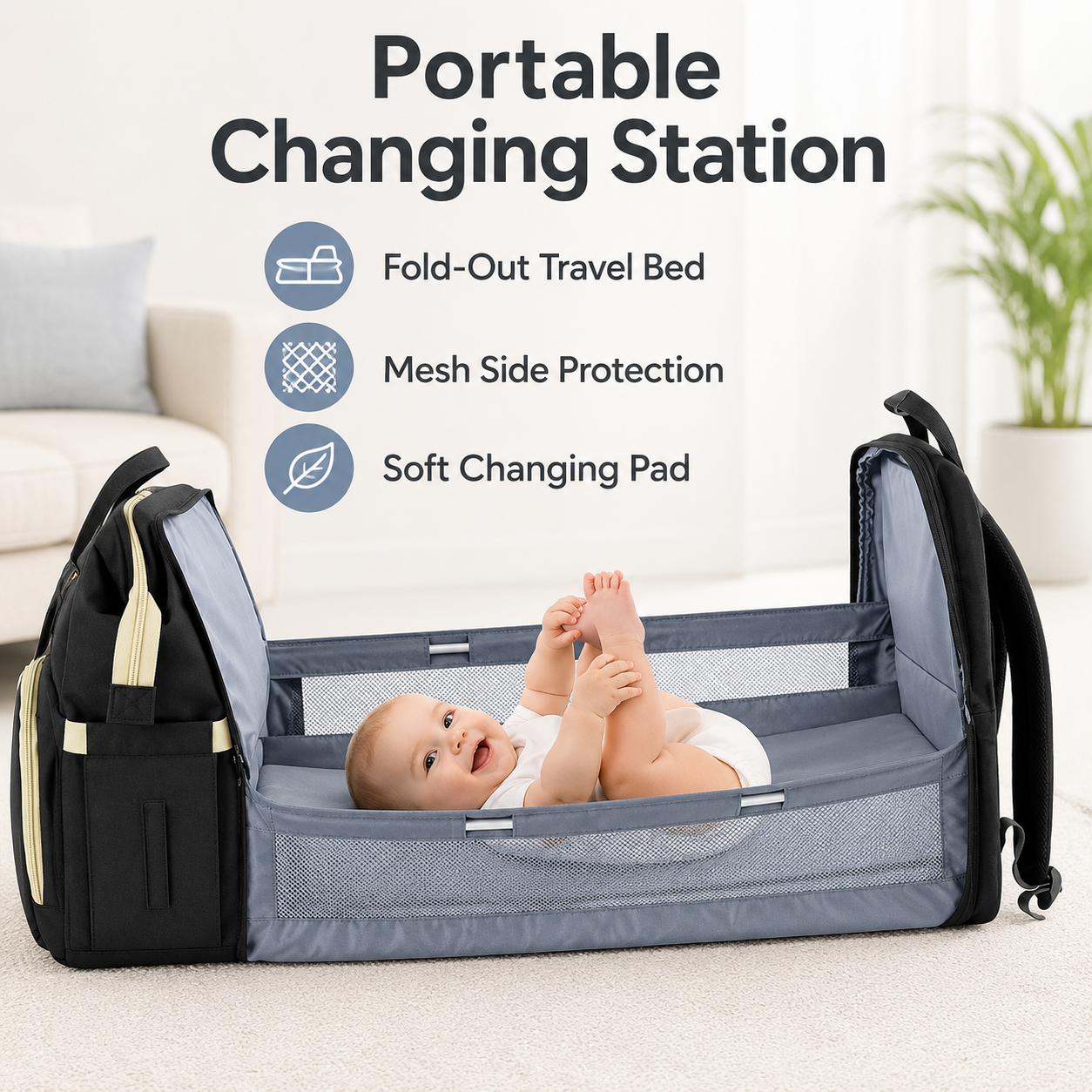 Baby Diaper Bag Backpack with Portable Changing Station – 3-in-1 Travel Bassinet, Changing Pad & Large Capacity Mommy Bag
