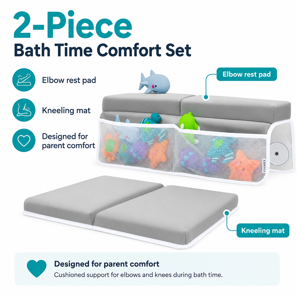 Baby Bath Kneeler and Elbow Rest Pad Set with Toy Organizer – Soft Bathtub Kneeling Mat for Parents & Baby Bath Time