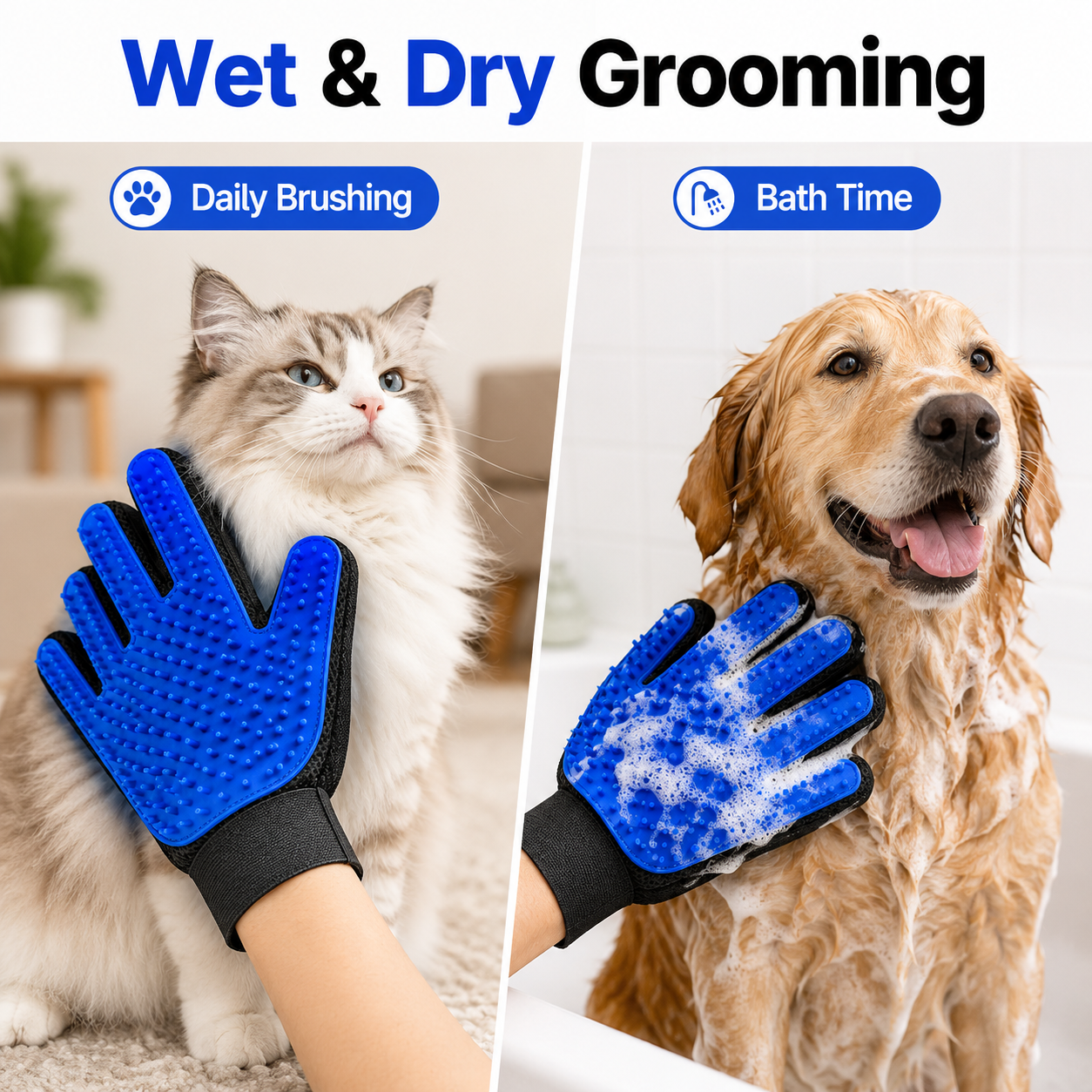 Pet Grooming Gloves for Dogs & Cats – 2 Pack Deshedding Hair Remover Massage Gloves for Bathing & Daily Grooming