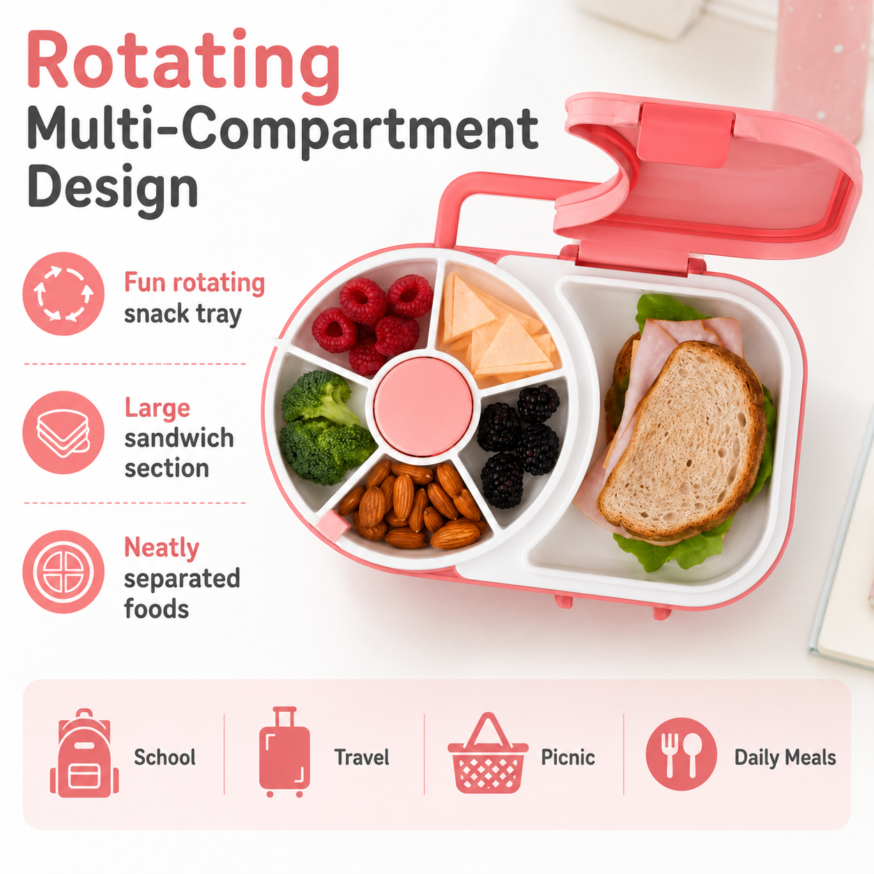 Rotating Kids Lunch Box – Multi-Compartment Snack Tray for School, Travel & Daily Meals