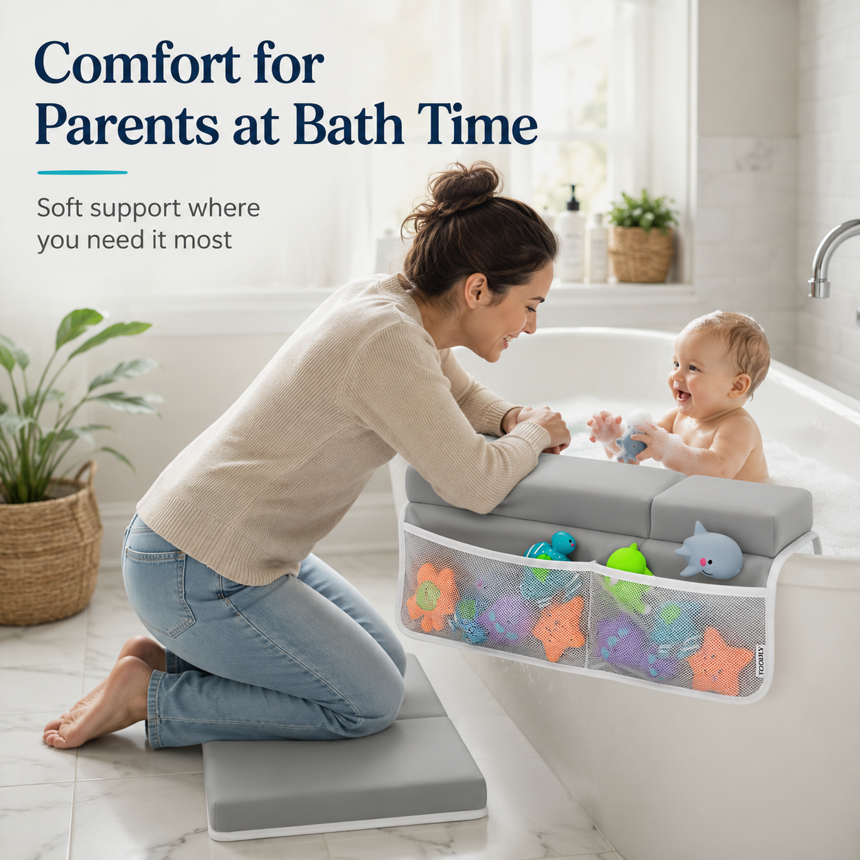 Baby Bath Kneeler and Elbow Rest Pad Set with Toy Organizer – Soft Bathtub Kneeling Mat for Parents & Baby Bath Time