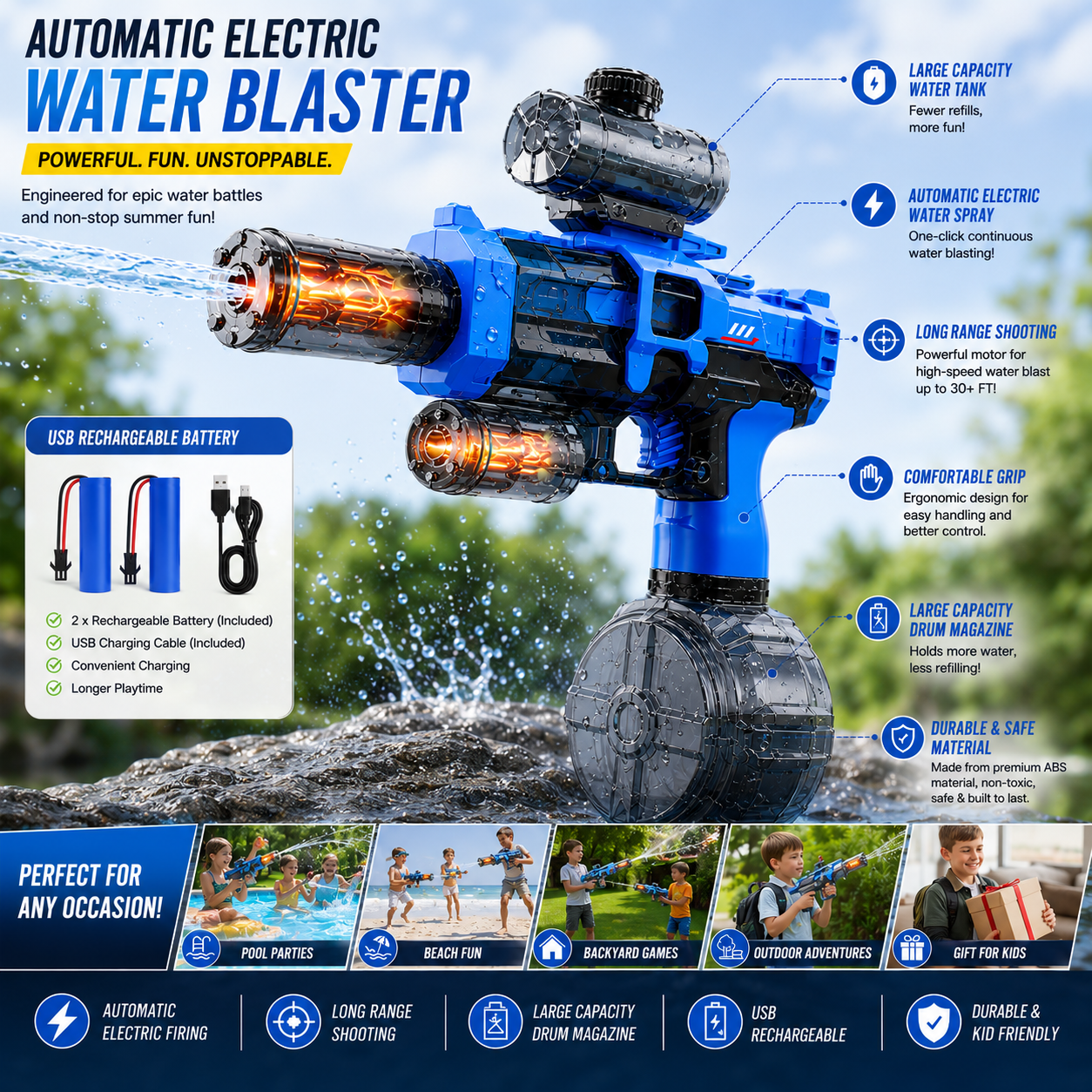 Electric Water Gun for Kids – Automatic Rechargeable Water Blaster with High-Capacity Drum Magazine