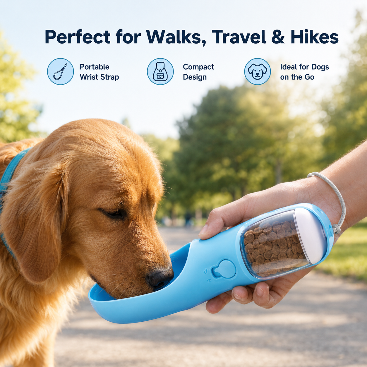 Portable Dog Water Bottle with Food Container – 2-in-1 Travel Pet Water Dispenser for Walks, Hiking & Road Trips