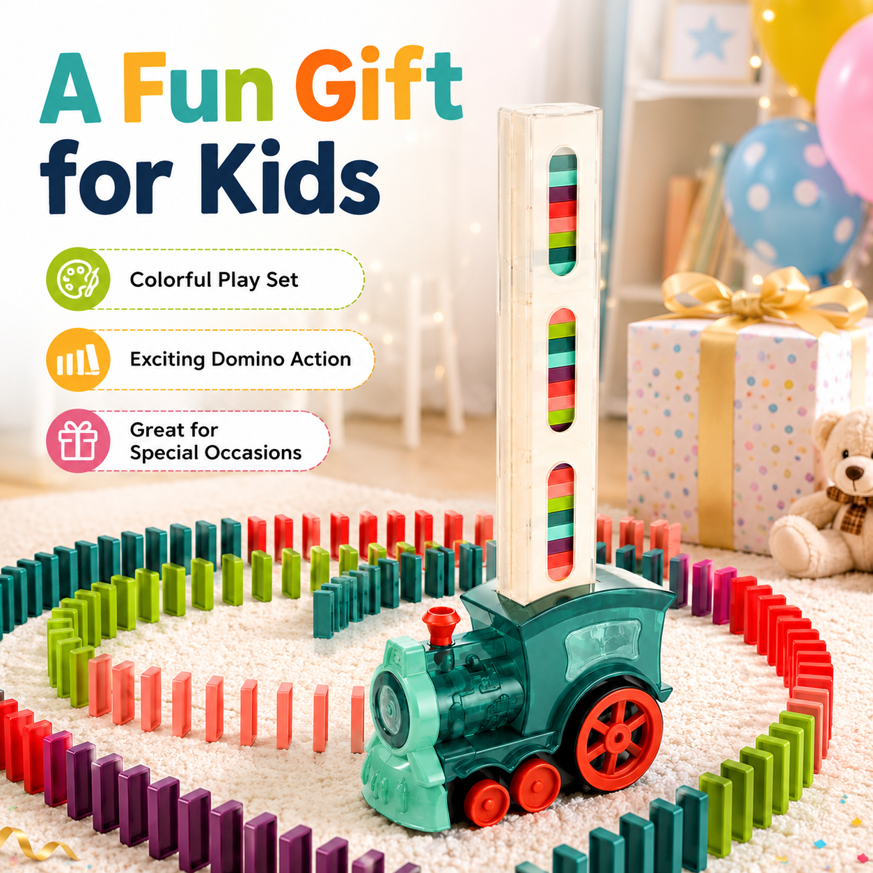 Automatic Domino Train Toy – Colorful Domino Laying Train Set for Kids, Creative Play & Indoor Fun