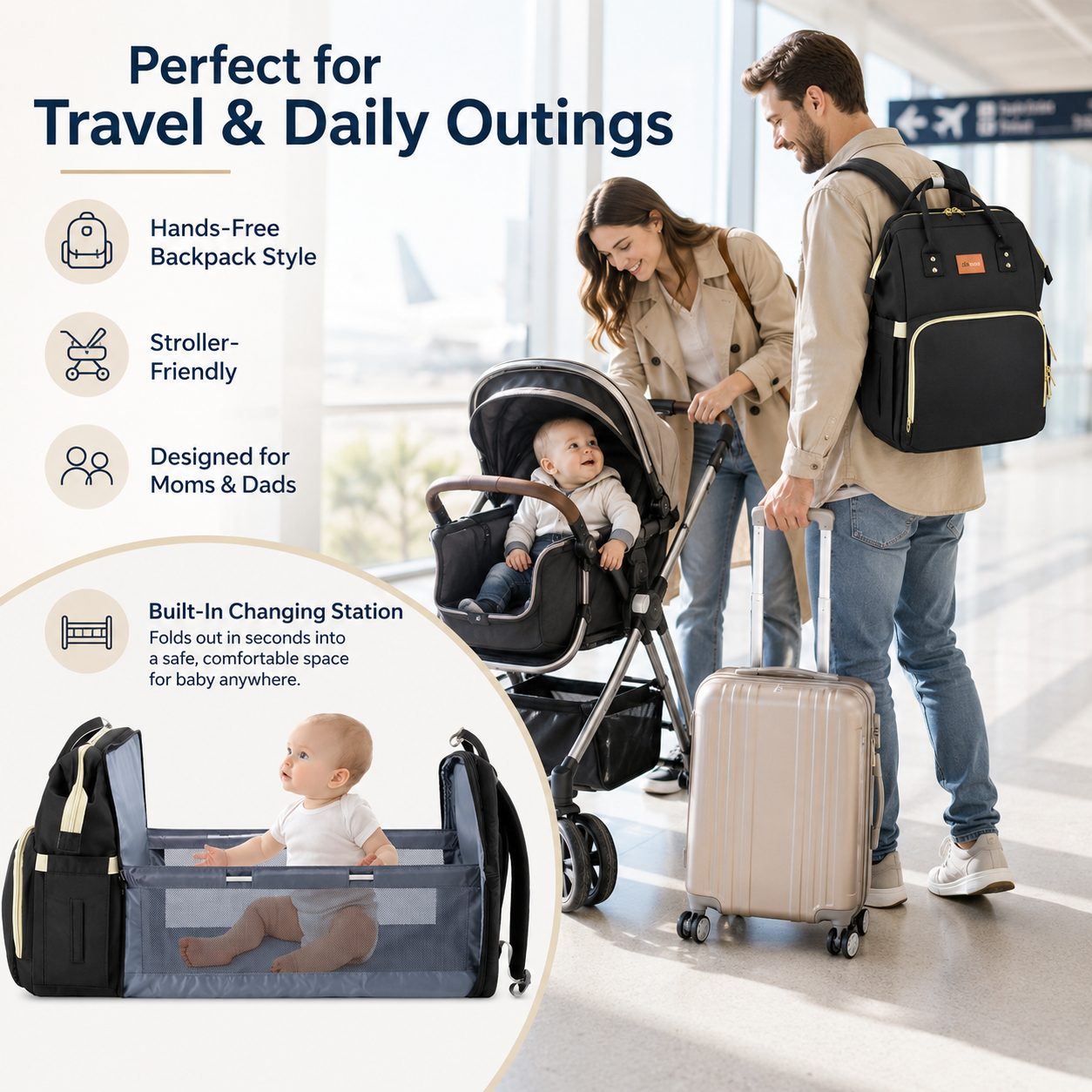 Baby Diaper Bag Backpack with Portable Changing Station – 3-in-1 Travel Bassinet, Changing Pad & Large Capacity Mommy Bag