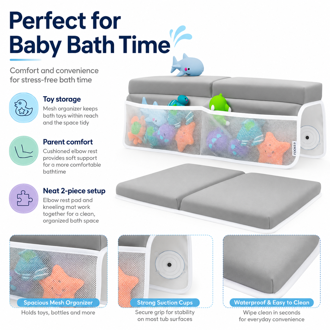 Baby Bath Kneeler and Elbow Rest Pad Set with Toy Organizer – Soft Bathtub Kneeling Mat for Parents & Baby Bath Time