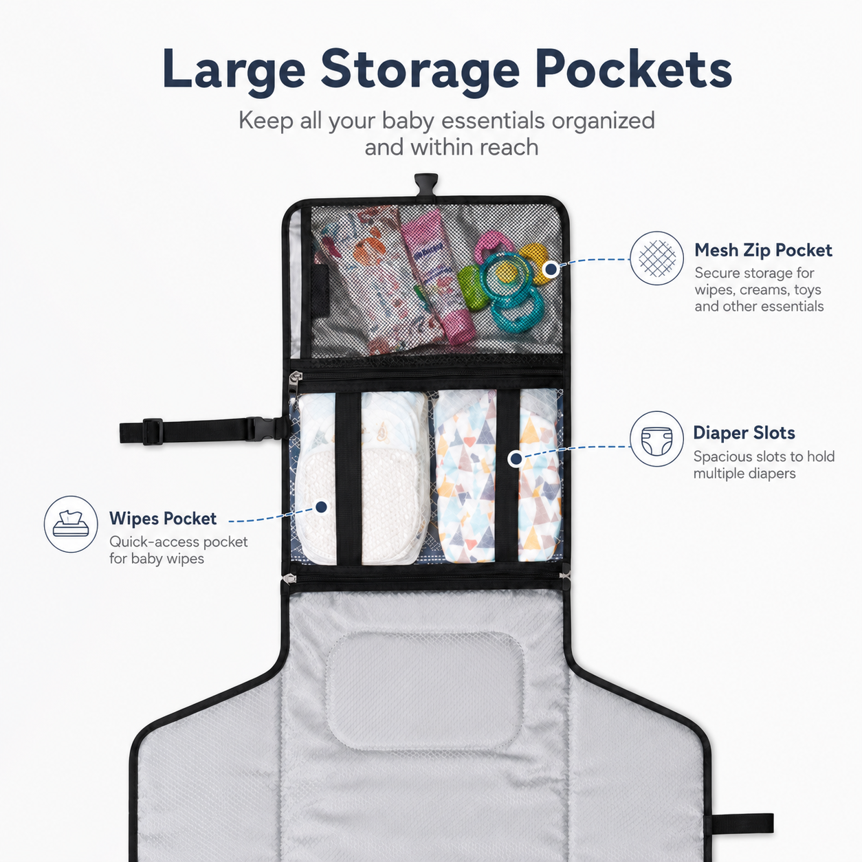 Portable Baby Changing Diaper Pad – Waterproof Travel Changing Station with Storage Pockets