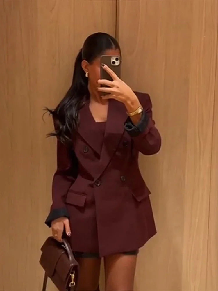 Vintage Lapel Women Blazer Coat Fashion Double Breasted Fake Pockets Office Lady Suit Jacket 2024 Autumn Long Sleeve Female Coat